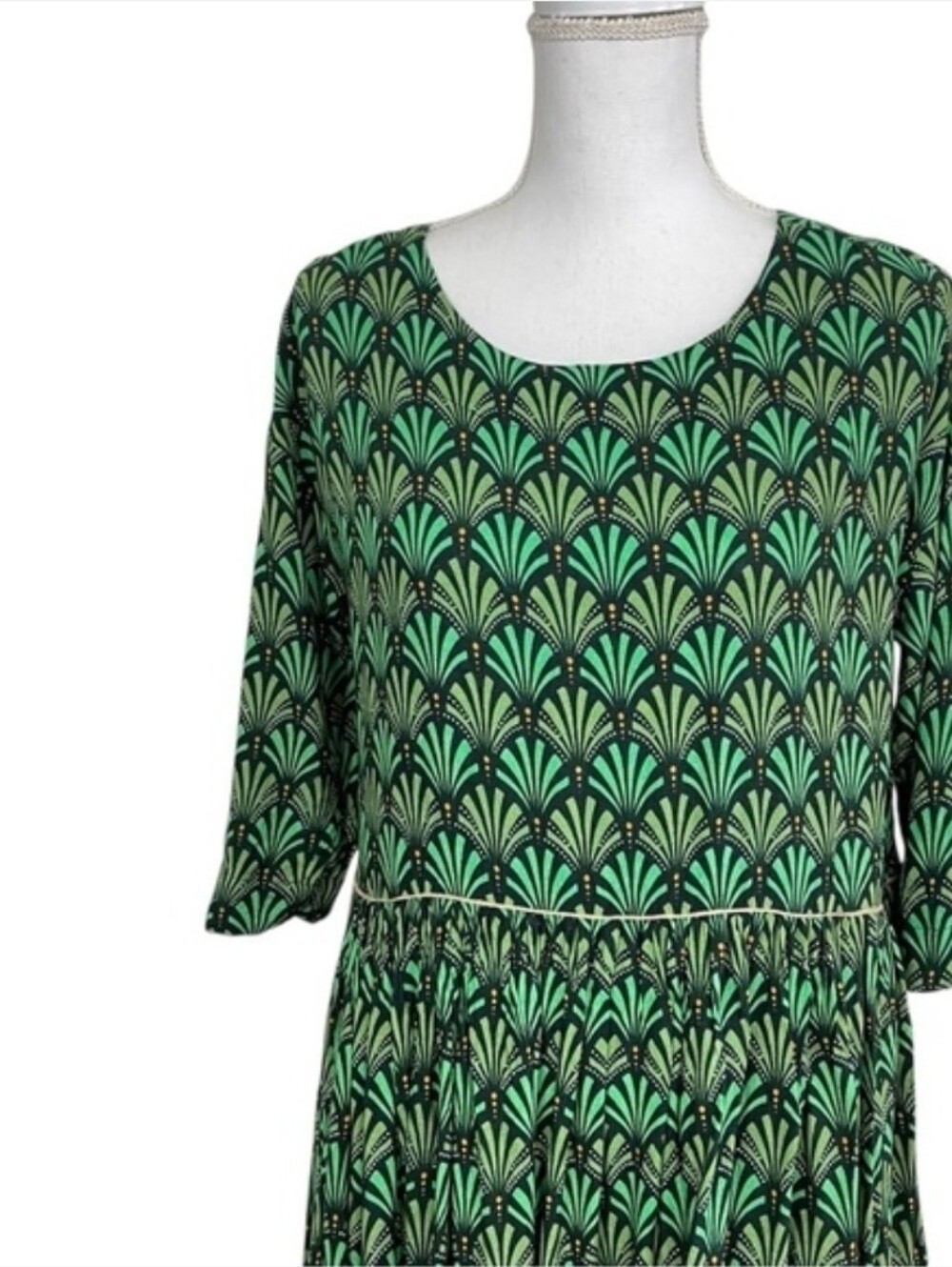 Anthropologie Green Patterned Three-Quarter Sleeve A-Line Dress - Picture 6 of 9